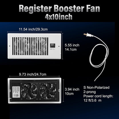 Xcity Quiet Register Booster Fan, Intelligent 4"x10" Vents, 10-speed, Air Vent Fan with Remote Control & Thermostat, Smart LED Display Ideal for HVAC, Integrated Heating & Cooling, White