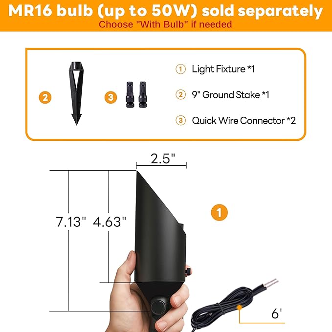 Gardenreet 12V Spot Lights Solid Brass - Black Outdoor Low Voltage Landscape Spotlight, Wired LED Uplights Waterproof, Stretchable Shroud Electric for Patio Wall Without MR16 Bulb (6 Pack)