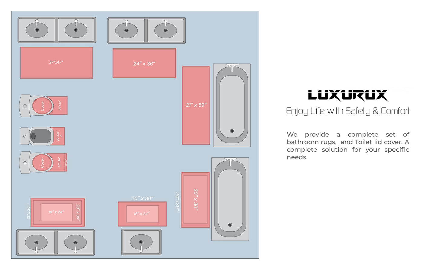 LuxUrux Bathroom Mats 2 Piece Set, Bathroom Rug Set, Soft Absorbent Chenille Bath Mat & Contour Toilet Rug, Non Slip, Quick Dry, Machine Washable Shaggy Bathroom Mats (Gray, 20"x30"+20"x20" U-Shaped)