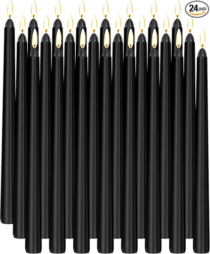 24 Pack Black Taper Candles, 0.85 x 10 Inch Tall, Unscented Smokeless Dripless Dinner Candlesticks for Halloween Home Décor Wedding Party