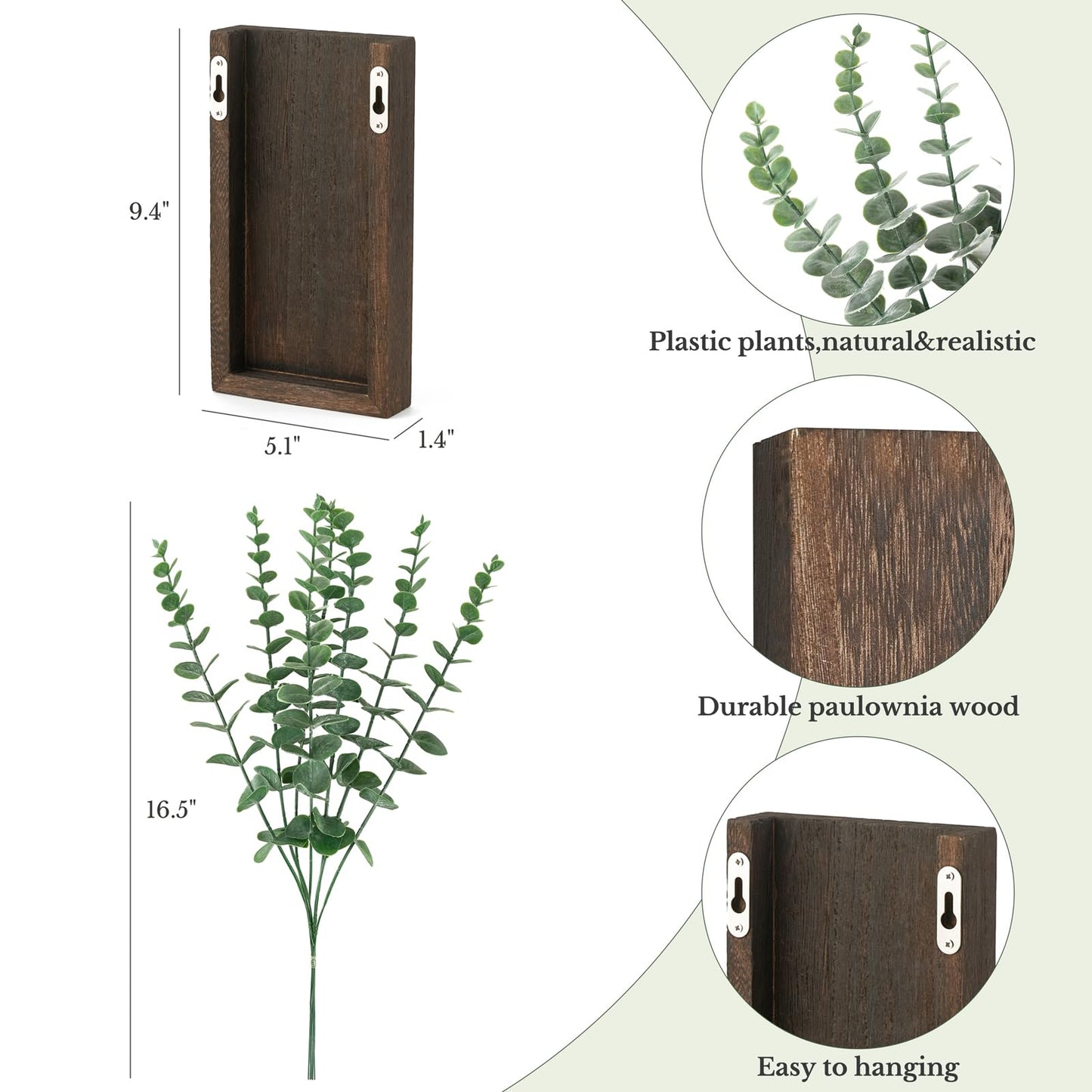 Dahey 2 Pack Wood Wall Planter Vase with Artificial Eucalyptus Farmhouse Wall Hanging Decor Pocket Planter for Indoor Fake Plants Greenery, Living Room Bedroom Kitchen Home Office Decoration