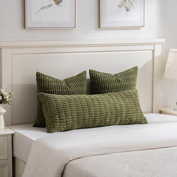 Fancy Homi 1 Pack Moss Green Long Lumbar Body Decorative Throw Pillow Covers 14x36 Inch for Bed Couch Bedroom Bench, Soft Corduroy Rectangle Solid Pillow Case 35x91 cm, Rustic Farmhouse Boho Decor