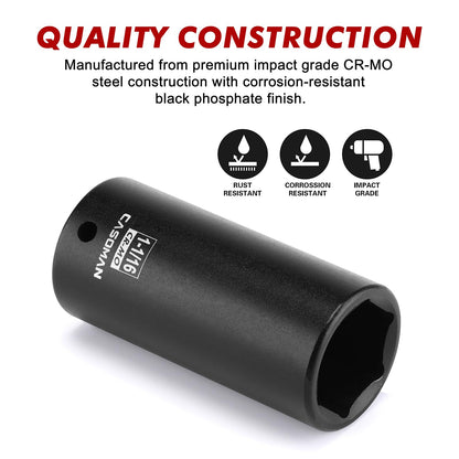 CASOMAN 1/2" Drive x 1-1/16" Deep Impact Socket, 6-Point, SAE, CR-MO