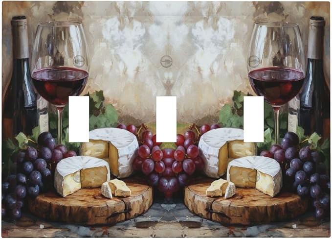 Decorative Art Light Switch Covers Wineglass & Artisanal Cheeses 3 Gang Triple Toggle Wall Plate Decorative Switch plate Electrical Faceplate for Home Decor