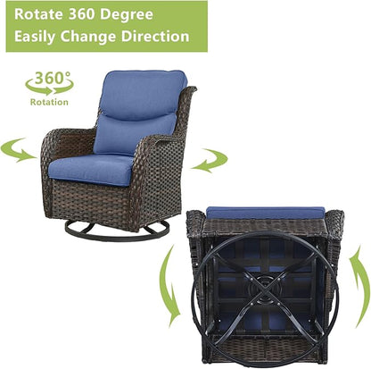 Rilyson Wicker Rocking Chair Swivel Chairs - 2 Piece Rocker Patio Chairs Set Rattan Rocking Chair for Outdoor Porch Deck Garden Backyard (Brown/Blue/Smile)