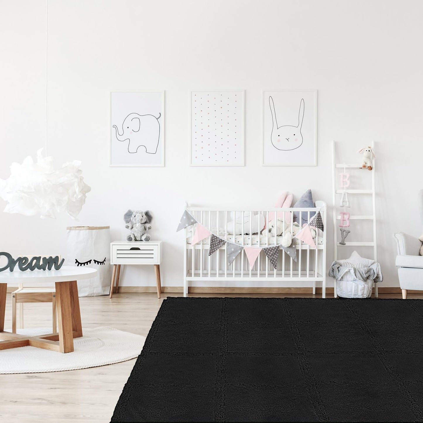 Timgle 36 Pcs Interlocking Carpet Tiles Plush Foam Floor Mats with Border Fluffy Play Mat Floor Tiles Soft Climbing Area Rugs for Kids Home Playroom Decor, 12 x 12 x 0.4 Inch(Black)