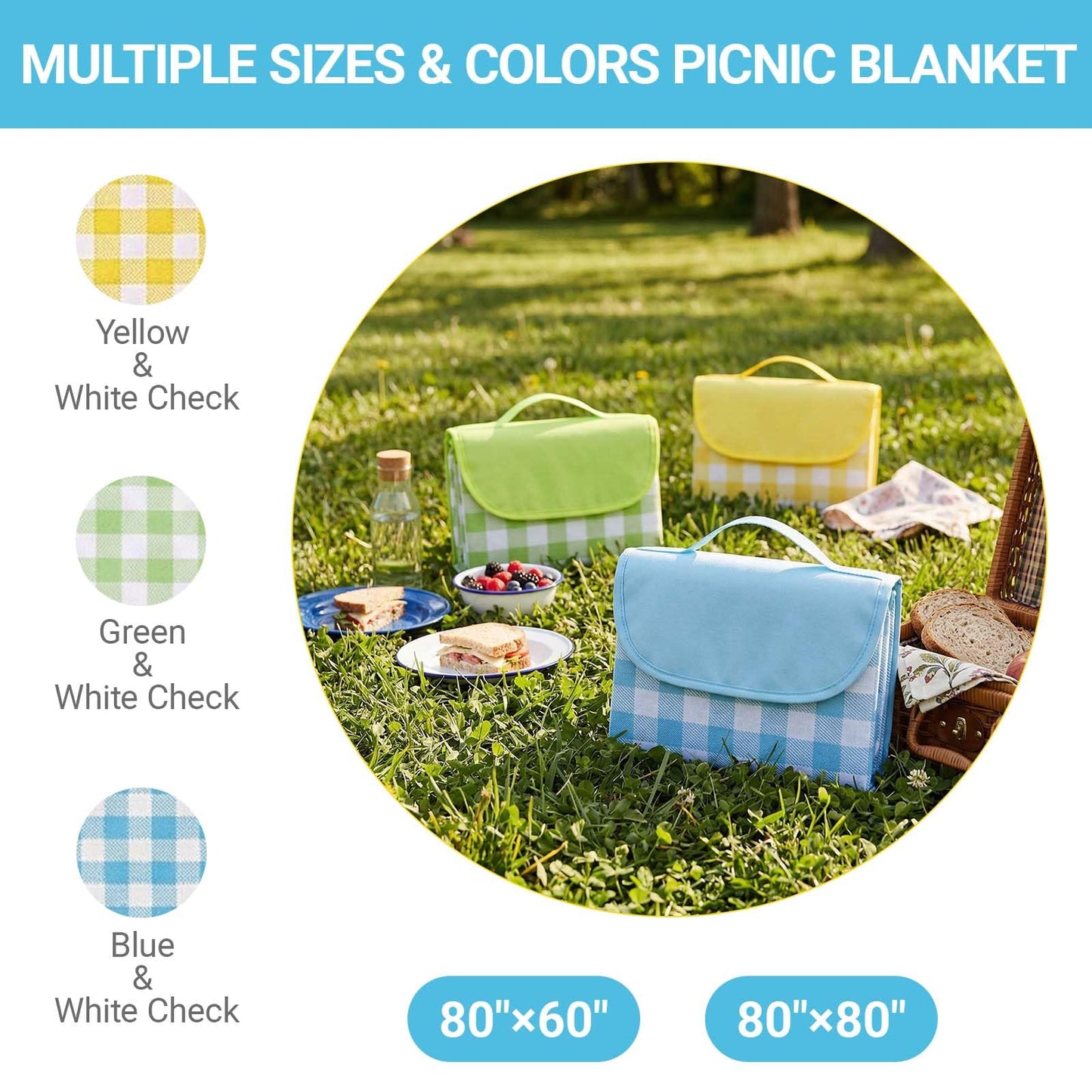 FMLIUY Waterproof Foldable Picnic Blanket Outdoor with Carry Strap,80"X60" Extra Large Beach Blanket Sandproof,Portable Soft Gingham Picnic Mat for Camping Travel Hiking Family Concerts Park(Blue)