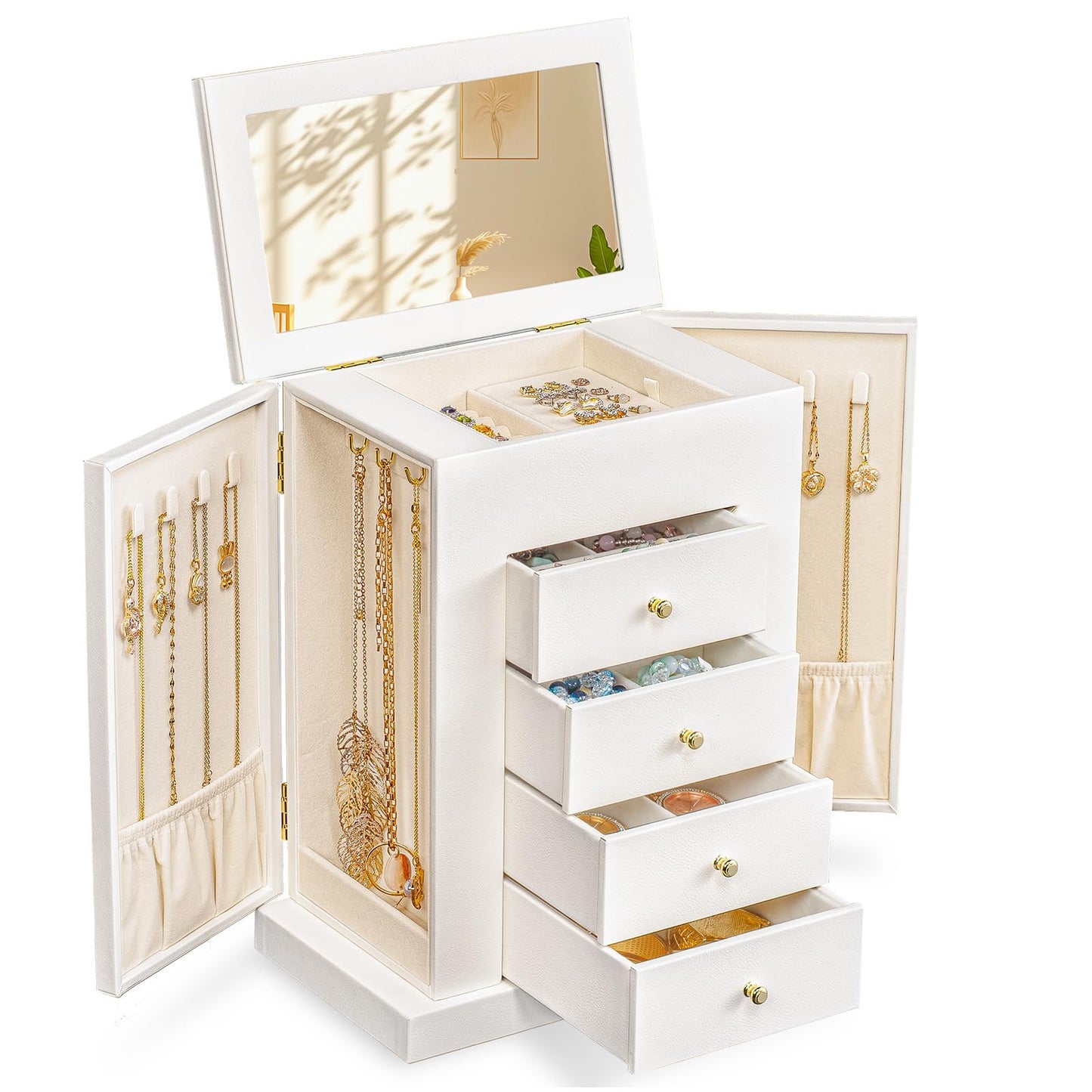 Emfogo Jewelry Boxes for Women, 5-Layer Large Leather Jewelry Organizer Box with Mirror and Drawers, Jewelry Storage for Necklaces Earrings Rings Bracelets (White)