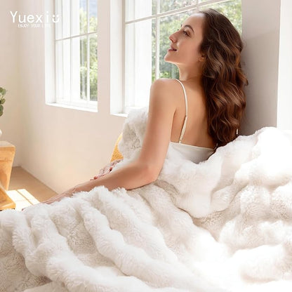 Luxury Faux Fur Throw Blanket 3D Bubble for Couch - Fluffy Blanket Double-Sided Non-Shedding, 60x80 Inches, Fits Bed/Car/Camping/Patio, Gift for Women,Room Decor,White
