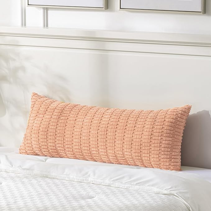 Fancy Homi Peach Long Body Lumbar Lumbar Decorative Throw Pillow Covers 20x54 Inch for Bed Couch Bedroom Bench, Soft Corduroy Rectangle Solid Pillow Case, Rustic Farmhouse Boho Room Decor