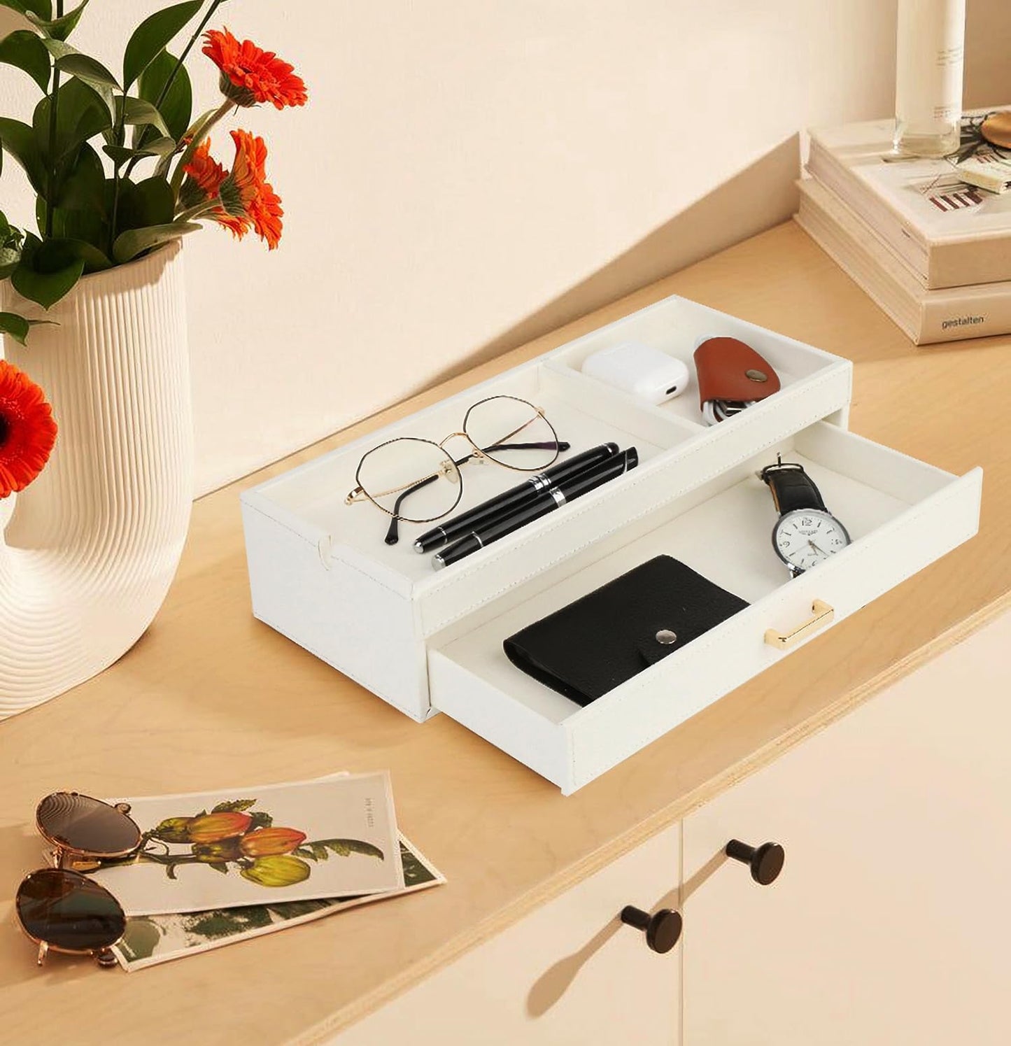 HofferRuffer Valet Jewelry Tray Organizer with Drawer, Faux Leather Storage Catchall Box Phone Charging Station Tray with Dresser Nightstand Desktop Drawer Organizer (White)