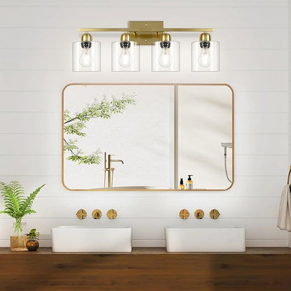 Modern Brushed Gold 4 Light Bathroom Light Fixtures, 24 inch Vanity Lights for Bathroom with Clear Glass for Mirror Kitchen Living Room Hallway Cabinet Porch