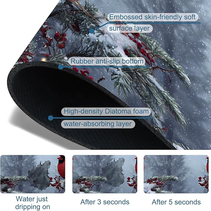 Christmas Winter Kitchen Sink Splash Guard Faucet Mat Cardinal Super Absorbent