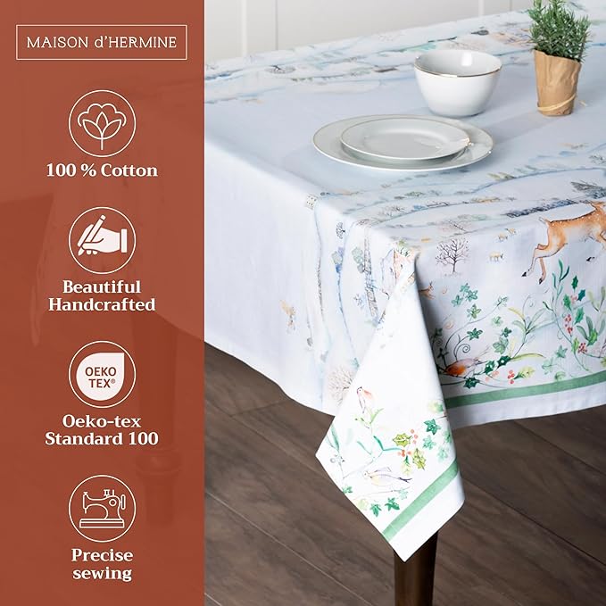 Maison d' Hermine Table Cloth Square Table 100% Cotton 60 x 60 Inches Fall Tablecloth Reusable Everyday Use for Thanksgiving Christmas Decorations Dining Farmhouse Party (Snowy World)
