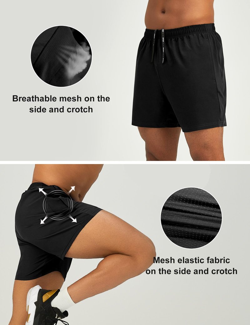 Pesfix Mens 5'' Lightweight Athletic Shorts Quick Dry Gym Workout Running Shorts with Zipper Pockets Black,Large