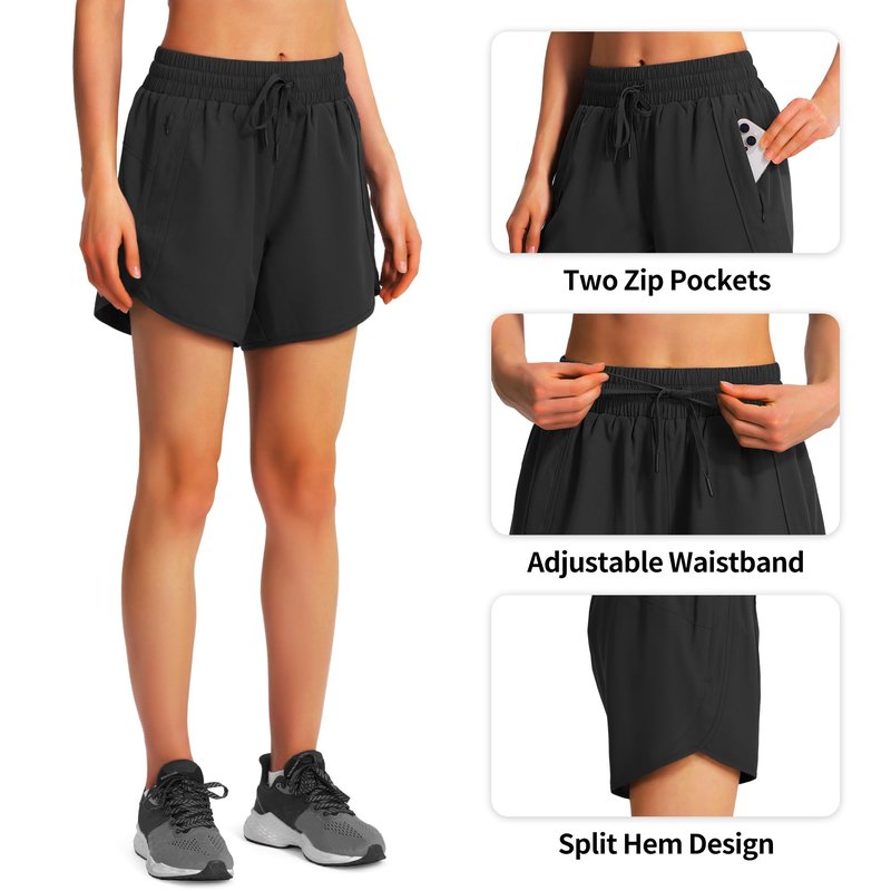 Ksmien Women's 5"/ 7" Athletic Running Shorts Quick Dry Lightweight Workout Gym Shorts with Zipper Pockets UPF 50+ Black S