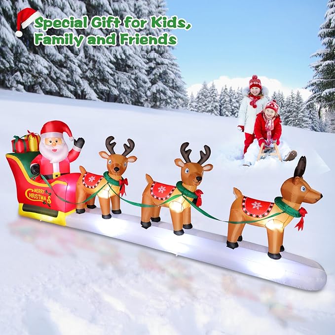 FunFanso 12FT Christmas Inflatables Santa Claus on Sleigh Outdoor Decorations, Blow Up 3 Reindeers Pulling Santa's Sleigh with Gift Boxes, Built-in LED Lights for Xmas Party Decor Yard Garden Lawn