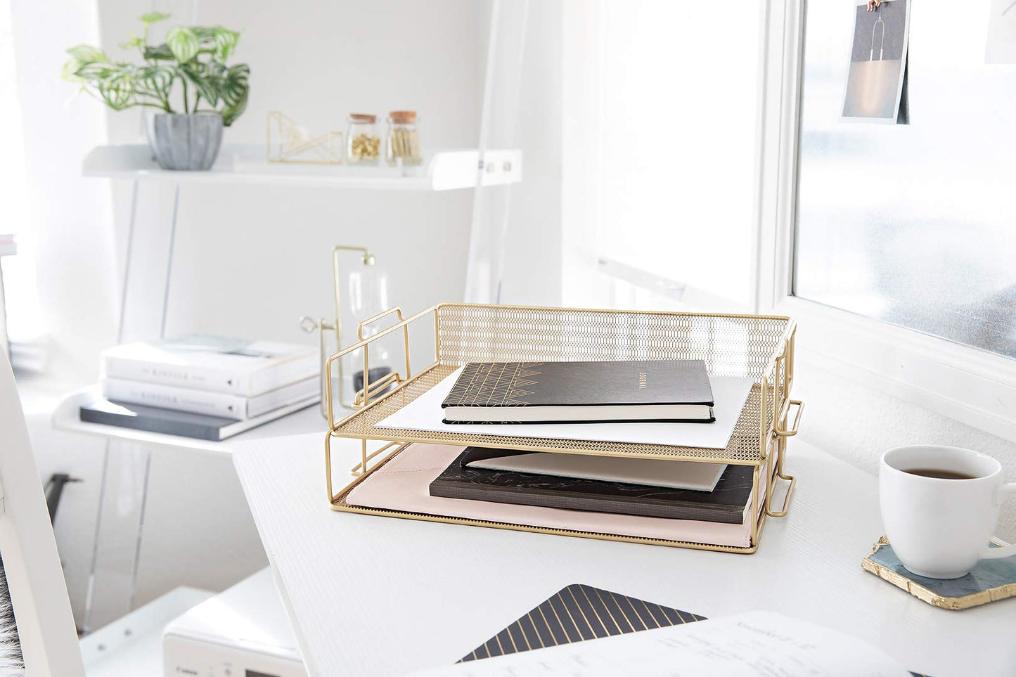 BLU MONACO | Paper Tray Stackable Gold Mesh Set of 2 | Stackable File Trays for Desk Organization | Tiered Desk Organizer with Metal Letter Trays