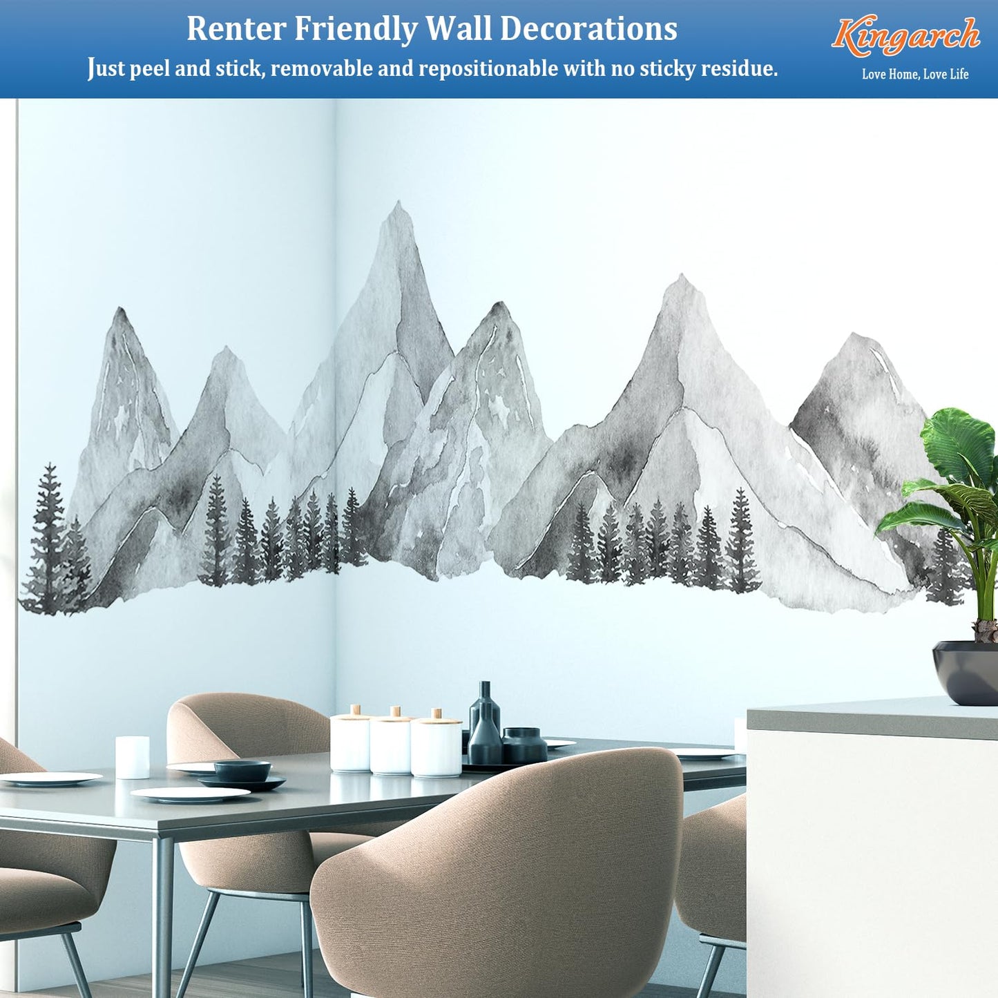 Large Mountain Wall Decals, Gray Pine Tree Peel and Stick Vinyl Wall Stickers & Murals, Removable Home Room Wall Decor for Bedroom Living Room Bedroom Classroom Office Nursery