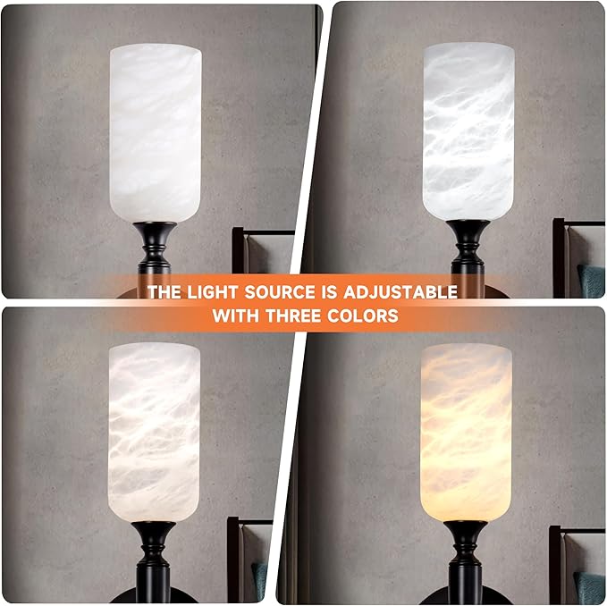 Alabaster Wall Sconce Set of 2, 22in Modern Spanish Natural Marble Bathroom Vanity Sconces, Indoor Black Wall Lighting Fixtures Decor for Bedroom Living Room Staircases