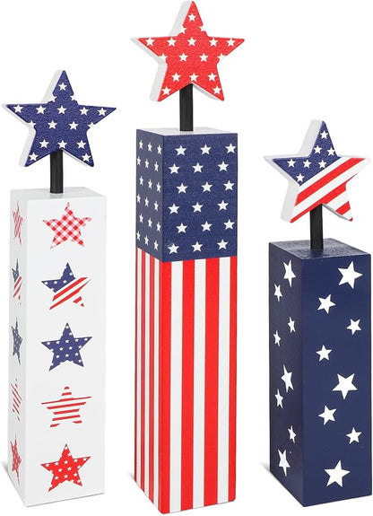 COCHIE 4th of July Decorations Set, Red White Blue Decor, Wooden Patriotic Memorial Day Tiered Tray Decor, Labor Day Decorations, Fourth of July Decoration for Home Office Table (Flag Cute)