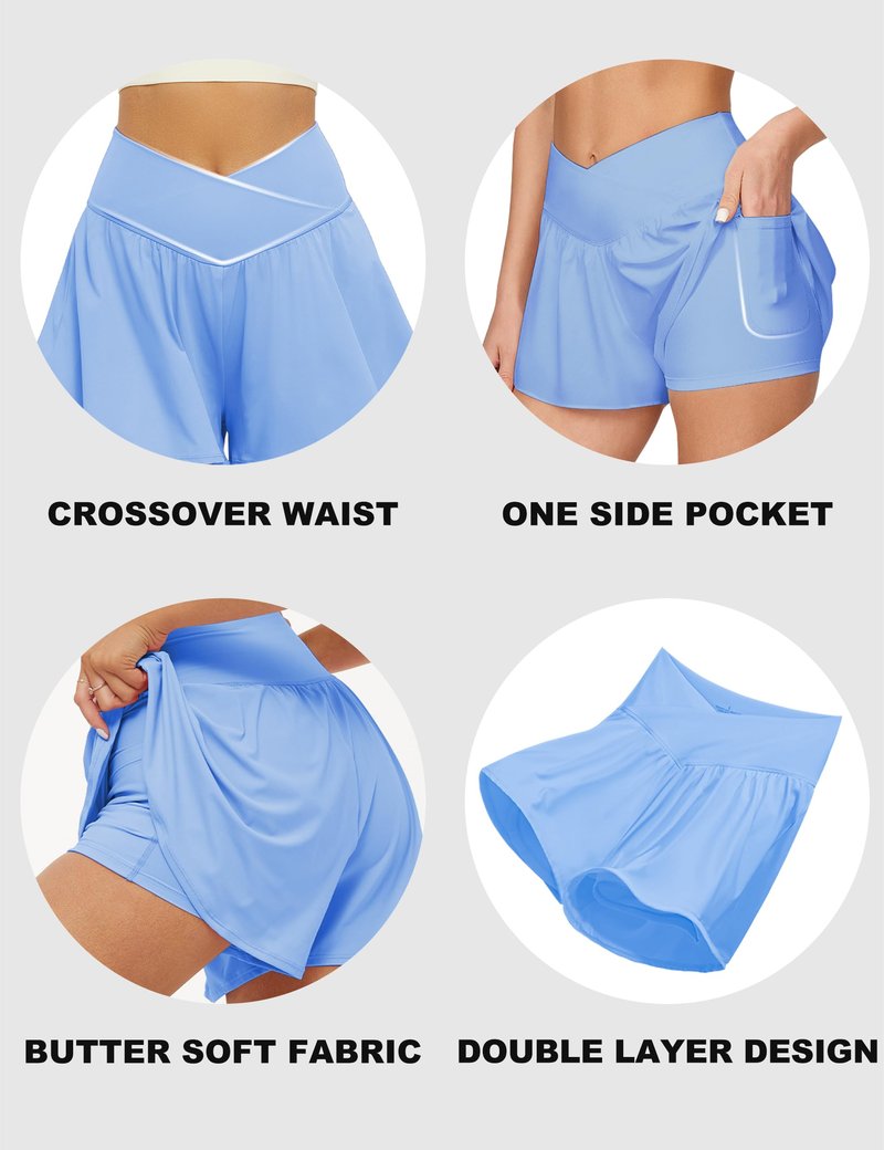 FireSwan Crossover Athletic Shorts for Women 2 in 1 Flowy Running Shorts with Pockets Spandex Butterfly Workout Tennis Skorts Baby Blue