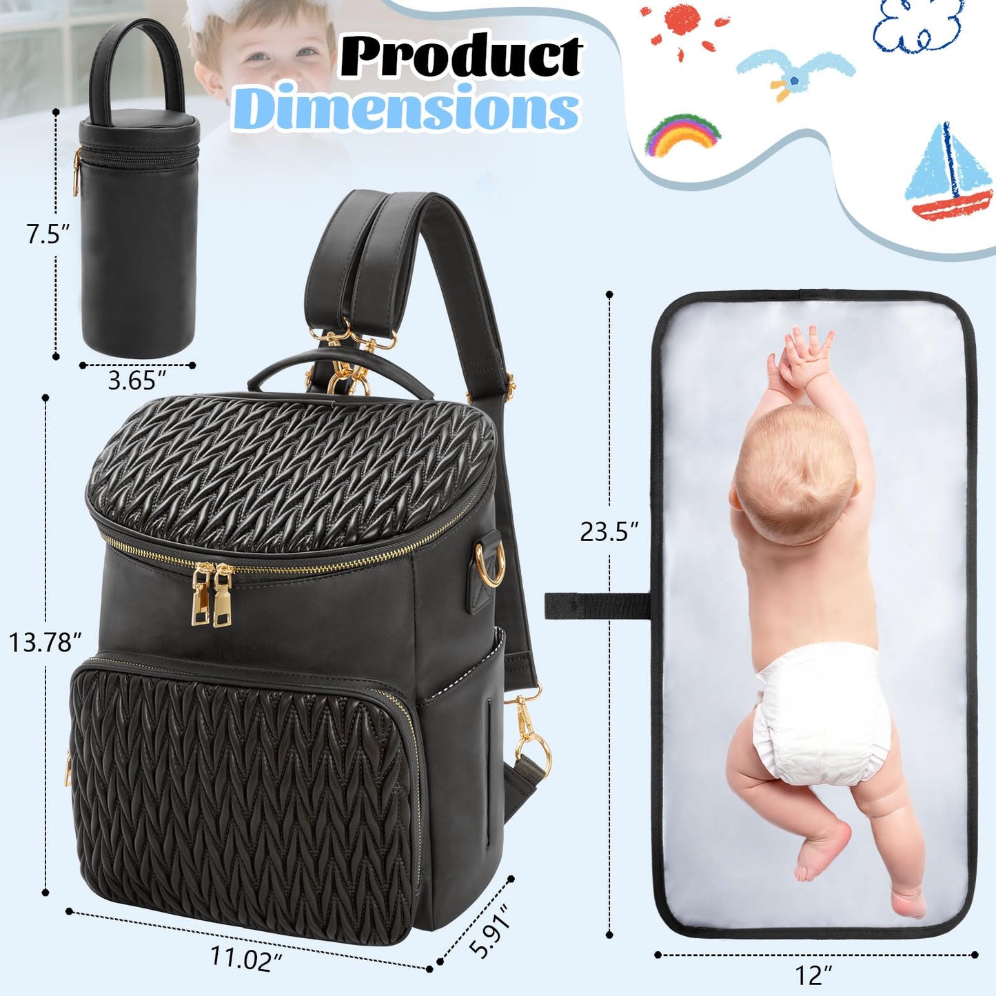 Minsong Diaper Bag Backpack, Fashion Leather Mommy Backpacks, Travel Baby Diaper Bags with in Bag Organizer and Changing Pad (Black-stripes)