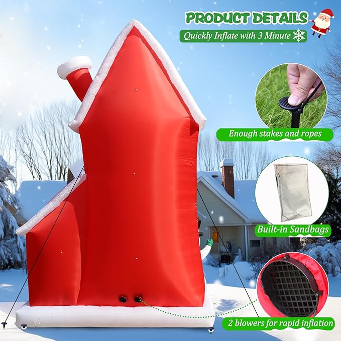 12FT Christmas Inflatable Outdoor Decoration, Huge Christmas Castle with Santa Snowman and Reindeer with Built-in LED Lights, Giant Blow Up House with Chimney for Xmas Decor Lawn, Yard, Party