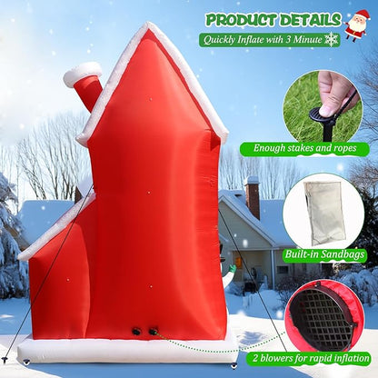 12FT Christmas Inflatable Outdoor Decoration, Huge Christmas Castle with Santa Snowman and Reindeer with Built-in LED Lights, Giant Blow Up House with Chimney for Xmas Decor Lawn, Yard, Party