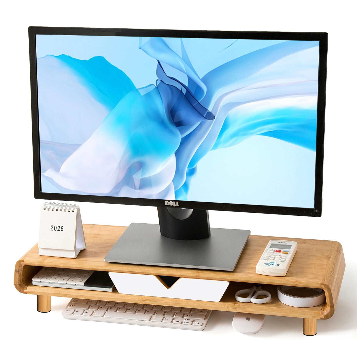Homerays Monitor Stand with Drawer, Exquisite Computer Monitor Stand for Desk, Ergonomic Wood Monitor Stand Riser for Computer,Laptop,Printer,TV,Bamboo,White