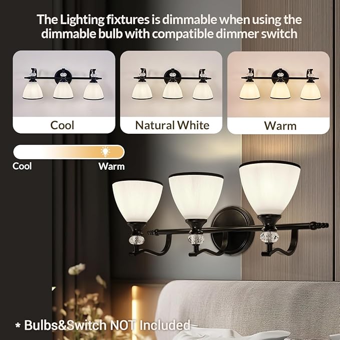 ANDY STAR Milky Glass Bathroom Vanity Light Over Mirror, 3-Light Matte Black Bathroom Light Fixtures with Frosted Glass, 22.5 inch Modern Vanity Lighting Wall Mount, E26 Base, Bulbs Not Included