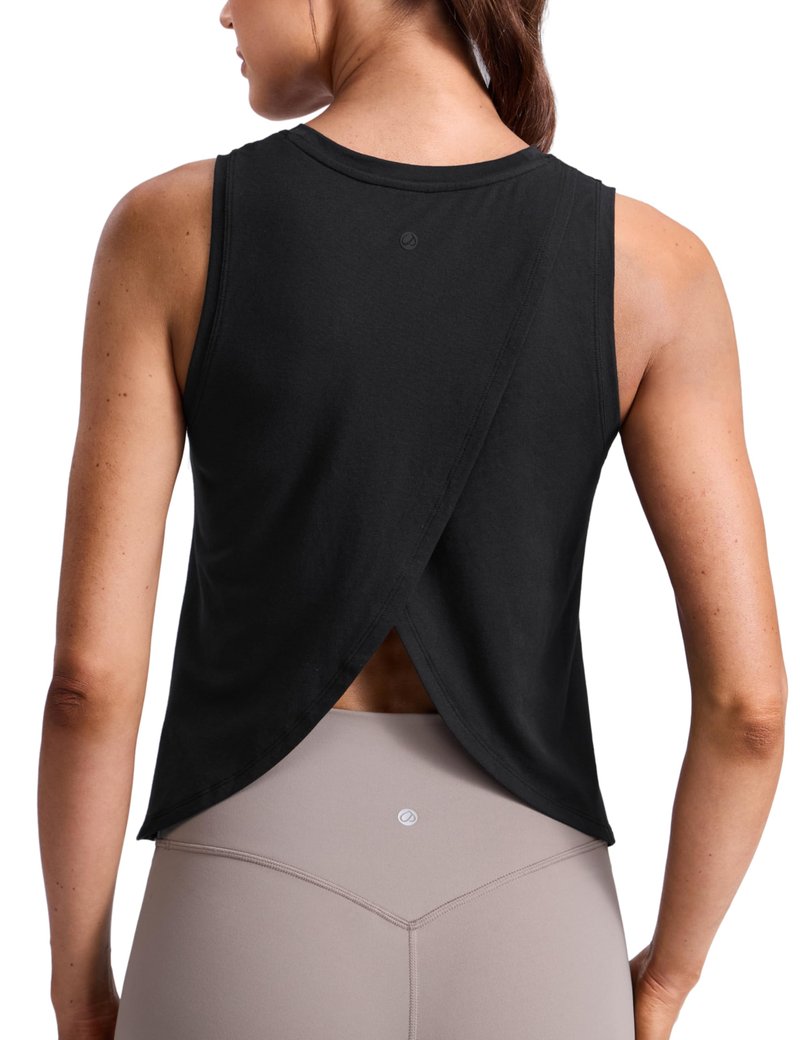 CRZ YOGA Cotton-Blend Split Open Back Tank Tops for Women - Workout Athletic Gym Casual Crewneck Sleeveless Shirts Black Medium
