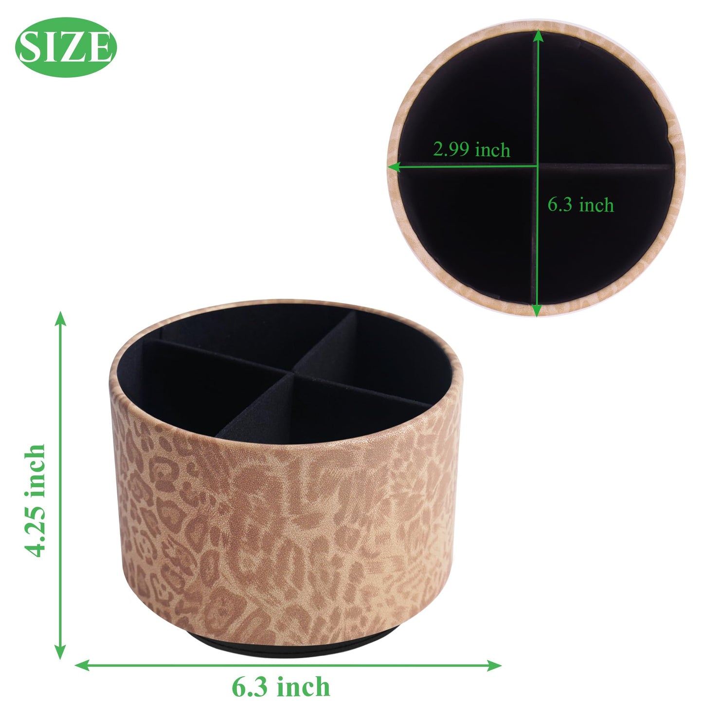 QIELIZI Round Leather Art Supply Organizer,Remote Control Holder,360 Degree Rotating,Multi-Functional Pencil Holder,4 Compartments Desktop Stationary Organizer(1-Leopard Brown)