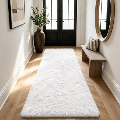 Shag Runner Rug for Bedroom Living Room 3x7 Upgrade Non-Slip Fluffy Soft Bedside Rugs,White Shaggy Carpet for Kids Girls Boys Dorm Nursery Home Decor Aesthetic
