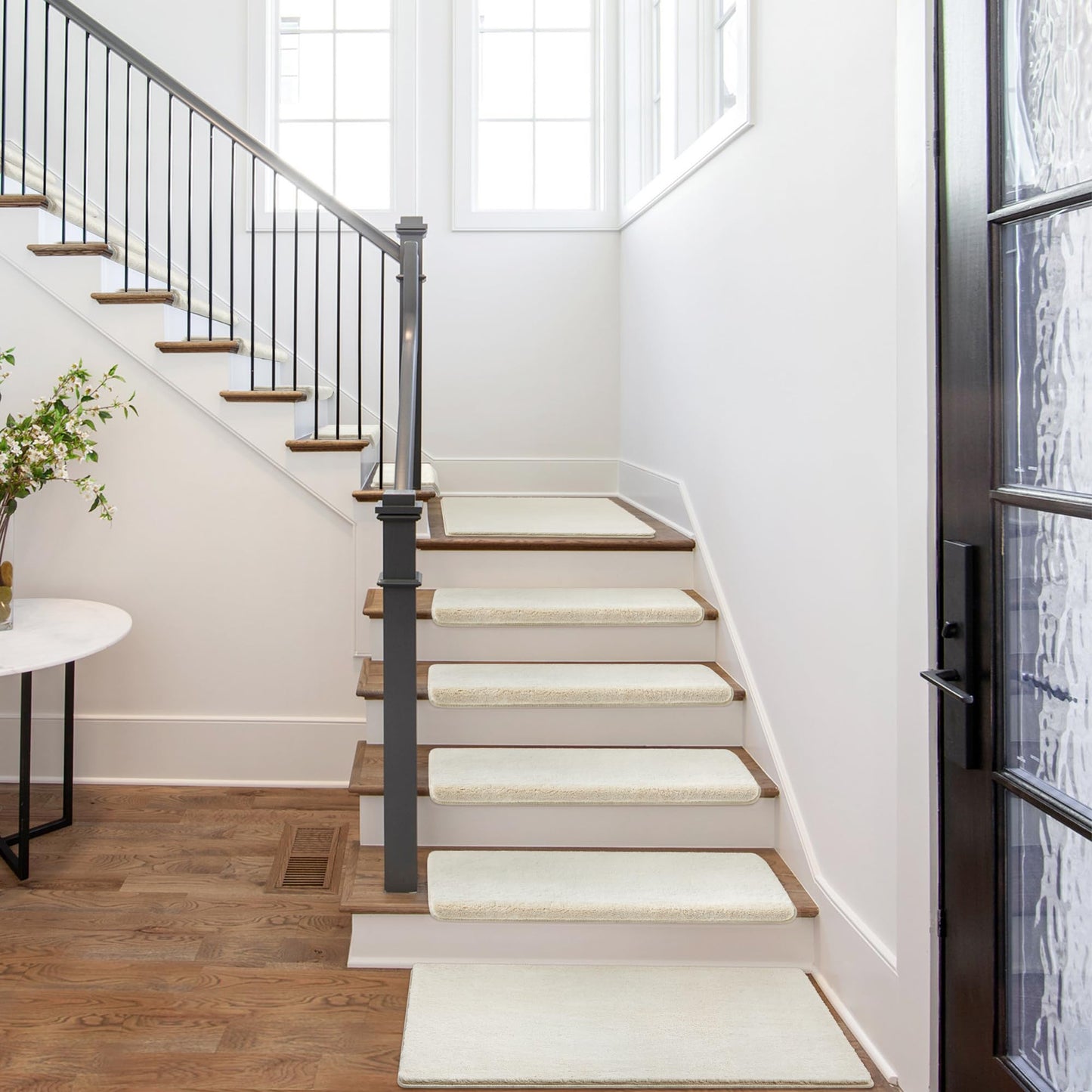 PURE ERA Carpet Stair Treads Ultra Plush 9.5" X 30"Soft Bullnose Indoor Stair Protectors Pet-Friendly Non-Slip Skid Resistant Tape Free Washable Reusable(2 Pieces,White)