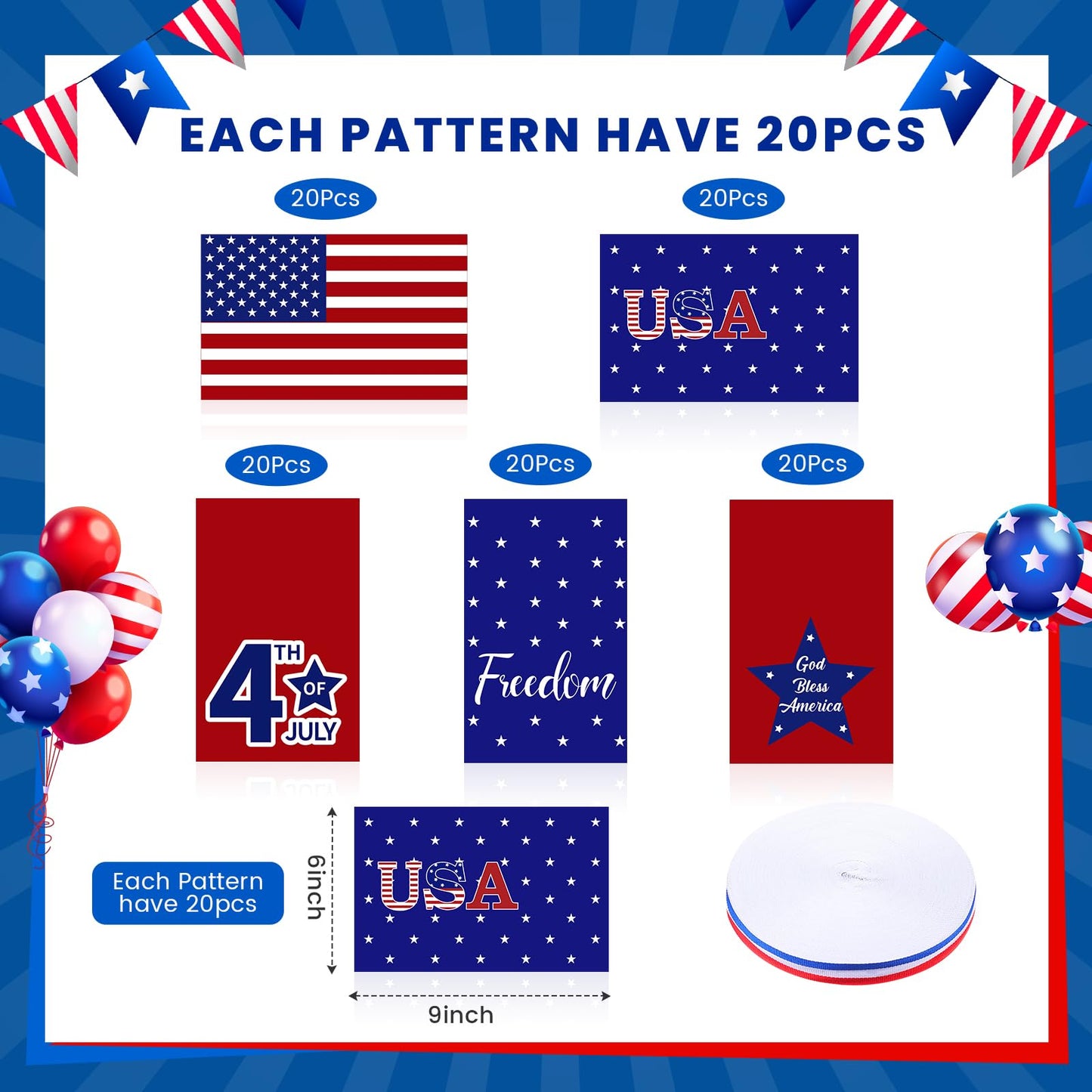 Tenare 100 Pack Christmas Treat Cellophane Bags 6 x 9 Inches Patriotic Goodie Bags Red White and Blue Candy with 40 Yards Ribbon for Christmas Independence Day Memorial Party Favor Supplies