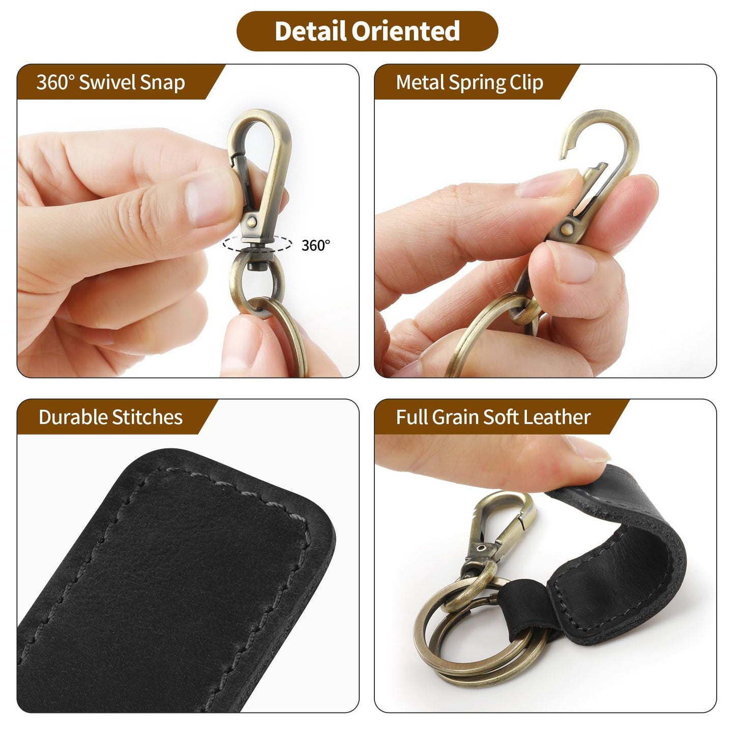 Jack&Chris Genuine Leather Car Keychain, Universal Key Fob Keychain, Leather Key Chain Holder for Men and Women, 2 Keyrings and Carabiner Clip, JC306-Black