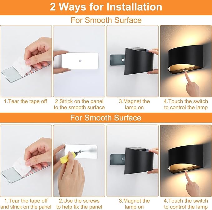 Lightess Rechargeable Wall Sconce, 13 RGB Colors Battery Operated Wall Sconces with Remote & Touch Control, Cordless Wall Lamp Black, Stick On Wall Lights for Bedroom
