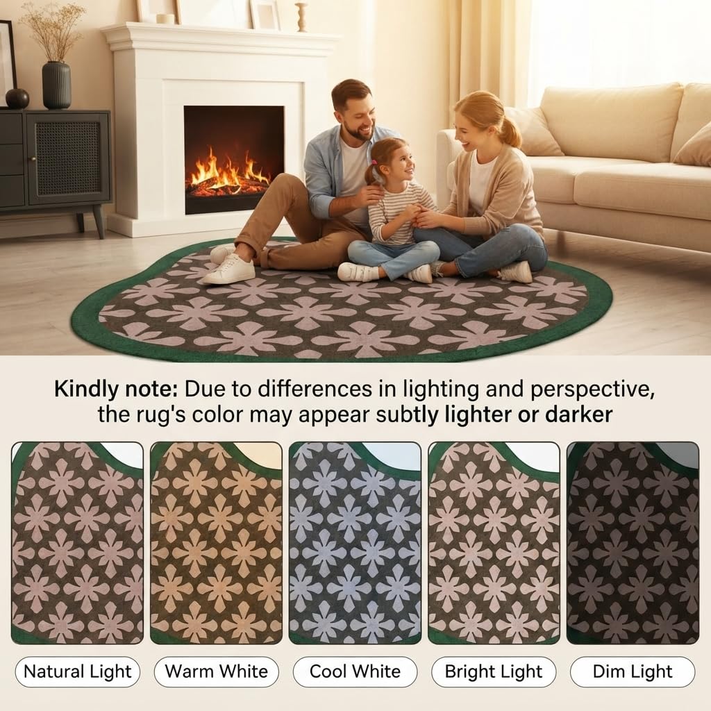 Irregular Shaped Area Rug Unique Aesthetic Green Brown Floral Pattern Rug for Bedroom Livingroom Hallway Entryway Minimalist Mid Century Carpet 3ft Washable No Slip Diningroom Kitchen Floor Rug