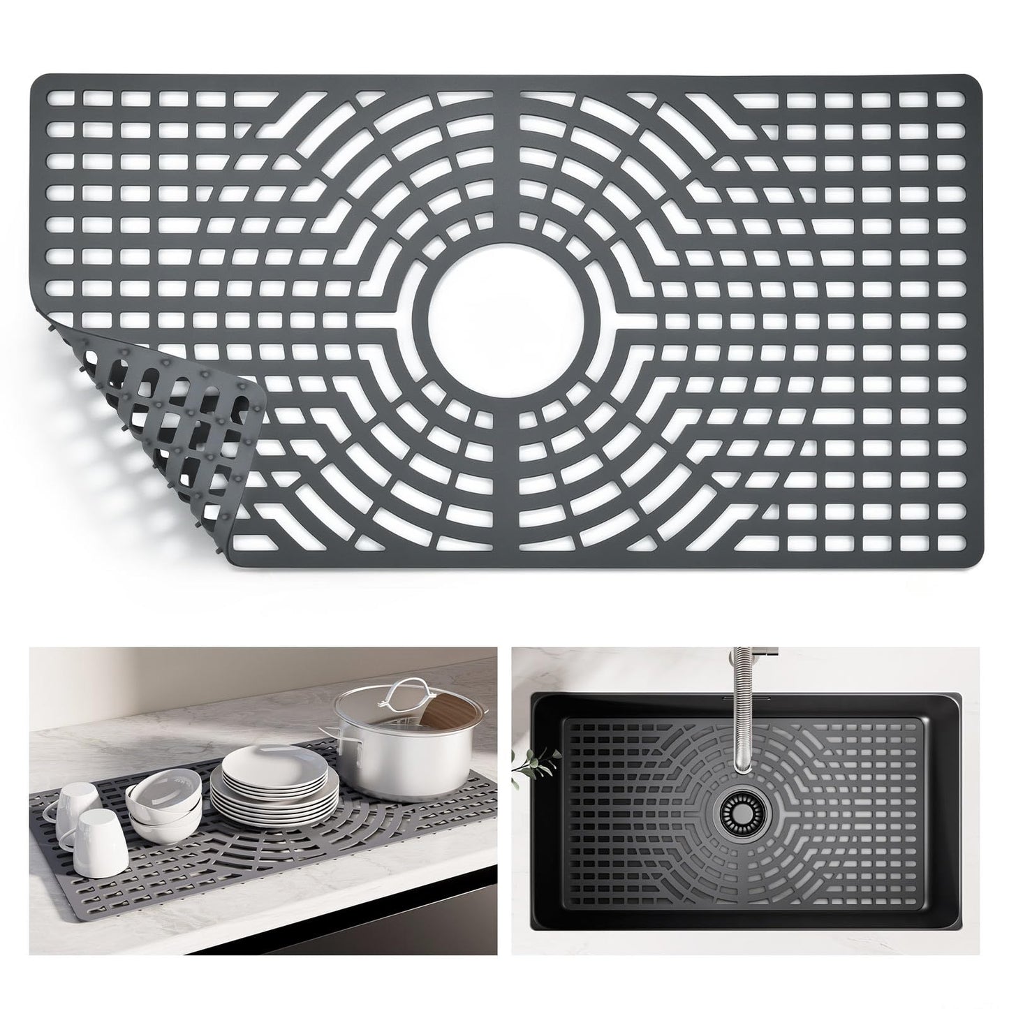 Snuggery Silicone Sink Protector 28"x15" Center Drain Hole, Heat Resistant Non-slip Dishwasher Suitable, Large Mat for Bottom of Farmhouse Kitchen Stainless Steel Sink(Grey)