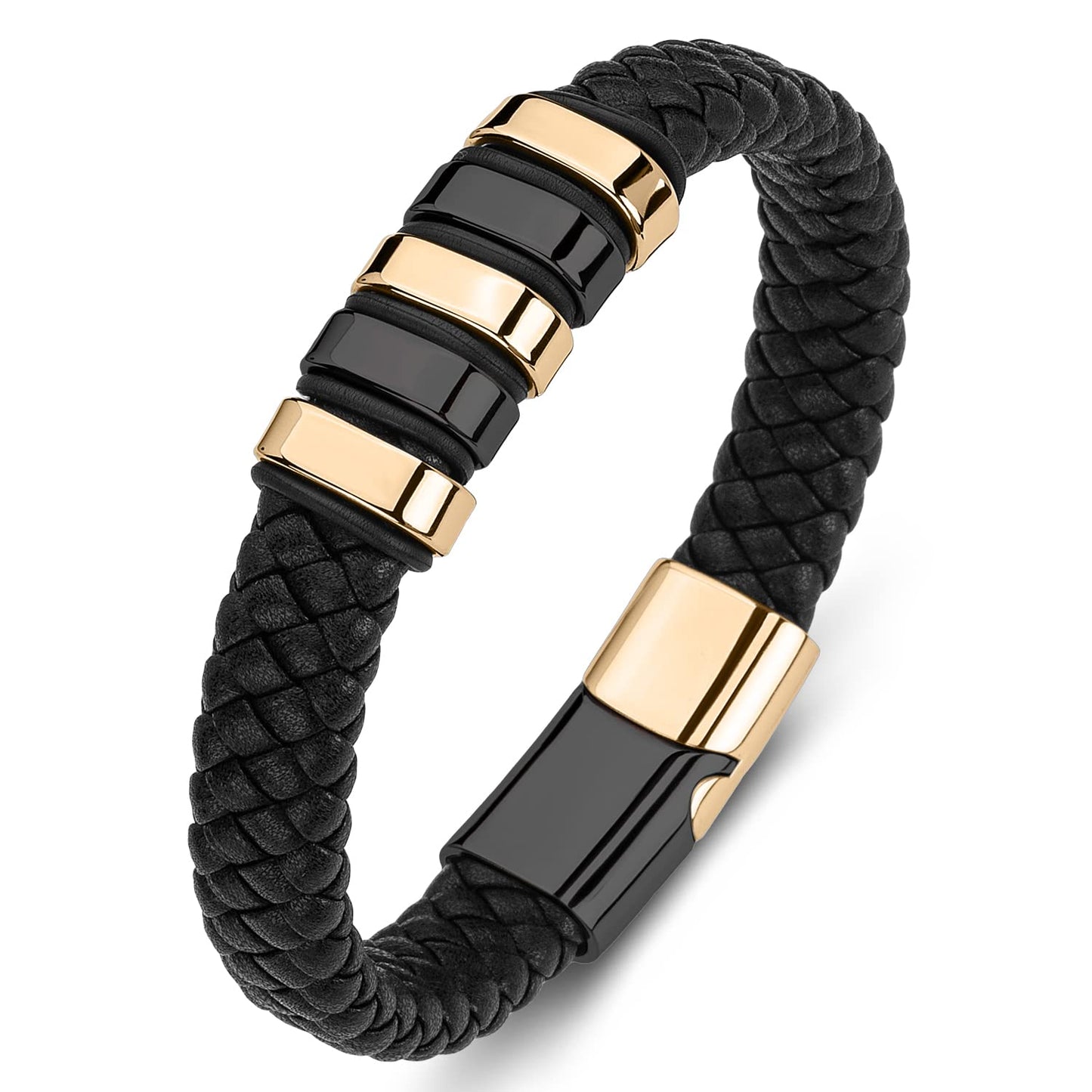 LJWVX Mens Black Leather Bracelets,Braided Leather Wristband Cuff Bracelet,Stainless Steel Clasp,Gifts for Men