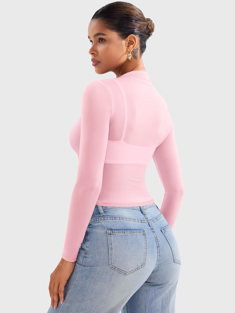 YEOREO Womens Sheer Tops Long Sleeve See Through Tops Mock Neck Slim Fit Workout Shirt Jamy Going Out Sexy Shirts Cherry Blossom M
