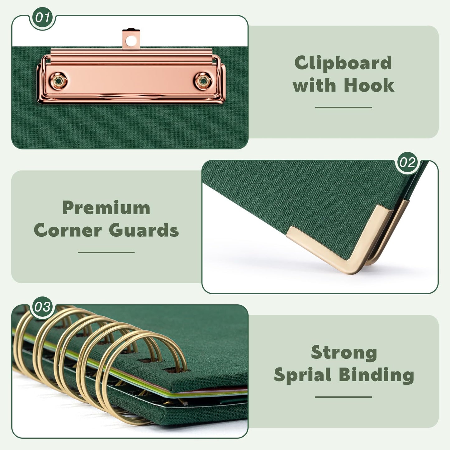 EYROZILL Clipboard with Storage, Clipboards for Letter Size, Clip Board with 5 Folders and 10 Pockets, Spiral Cute Clipboard for Office School Nursing, 8.5'' x 11'' (Linen Green, Letter Size)