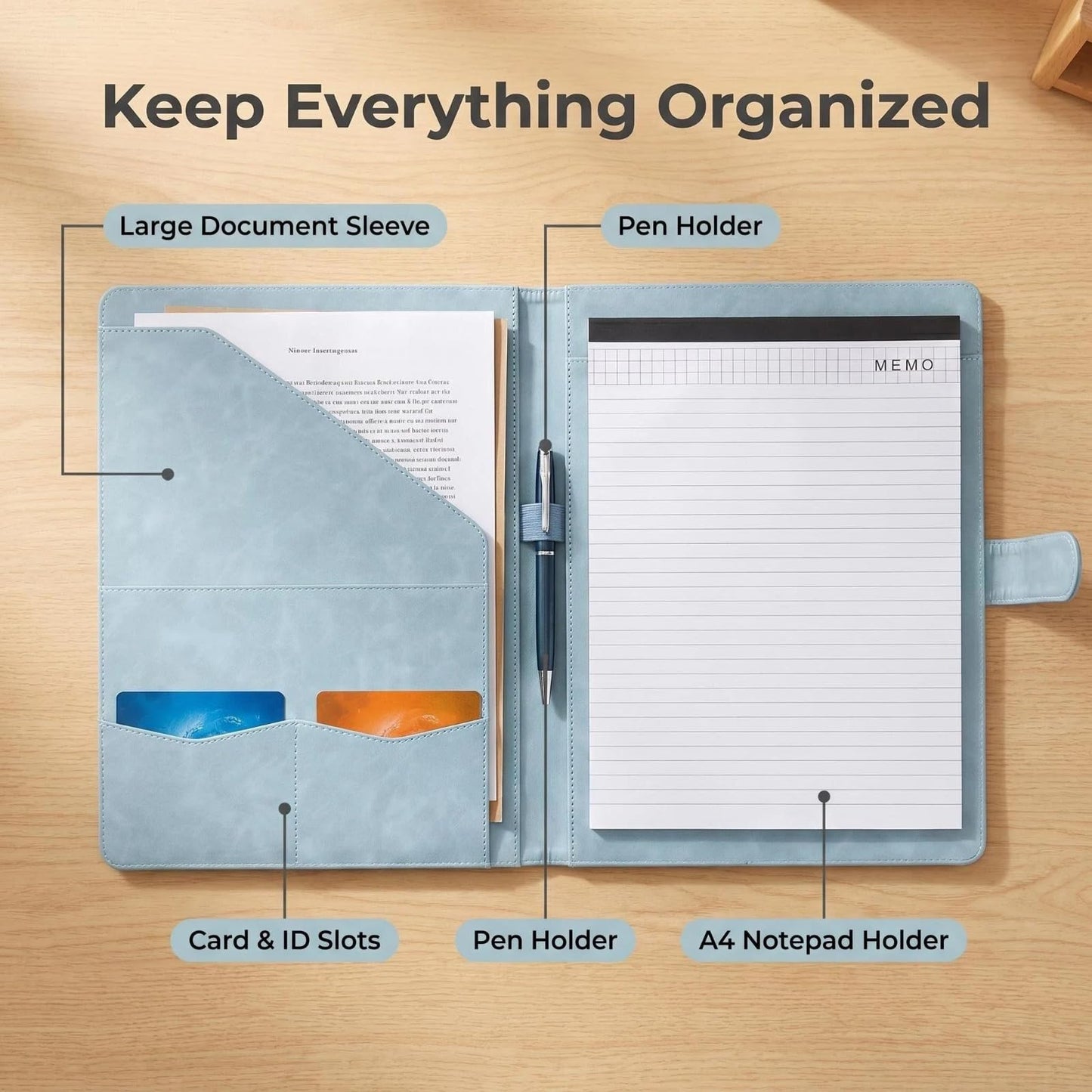 Portfolio Padfolio Binder, Faux Leather Professional Document Organizer with Business Card Holder, Letter-Sized Notepad Legal Pad Holder, Durable Executive Folder for Interviews, Meeting (Blue)