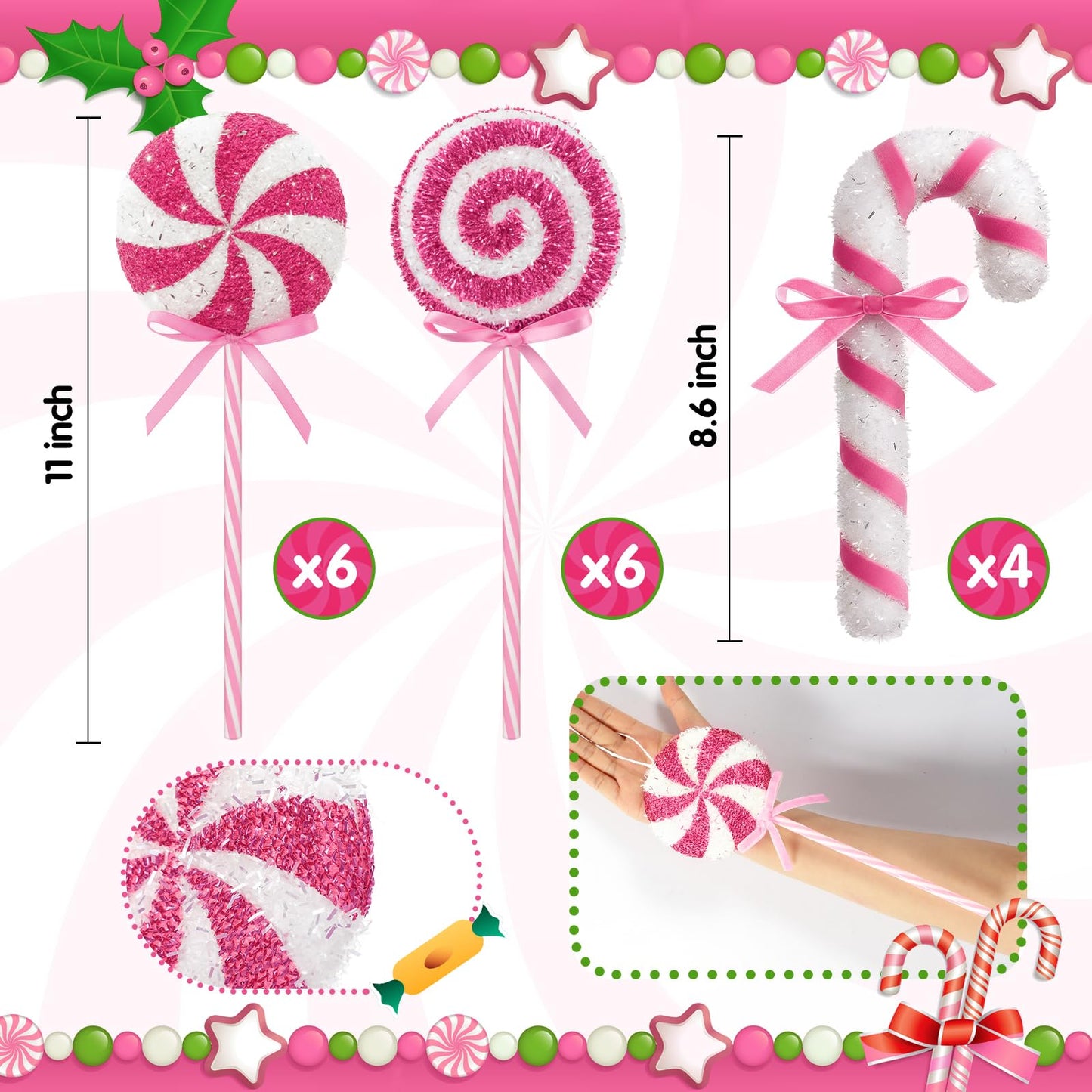 Threehoney 16 Pcs Candy Cane Christmas Decorations, Christmas Glitter Candy Cane Hanging Ornaments Xmas Swirl Windmill Lollipop Home Decor for New Year Xmas Indoor Home Supplies(Pink,Sweet)