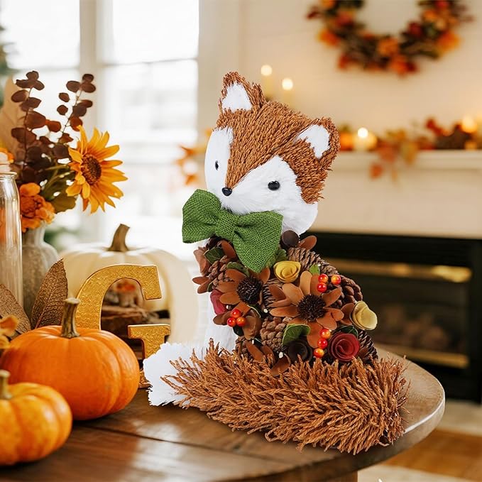 Glintoper Fall Wreath for Front Door, 14" Thanksgiving Straw Fox Figurine with Woodchip Pinecone, Hanging Harvest Autumn Gifts, Tabletop Centerpieces, Woodland Animal Home Kitchen Office Decor