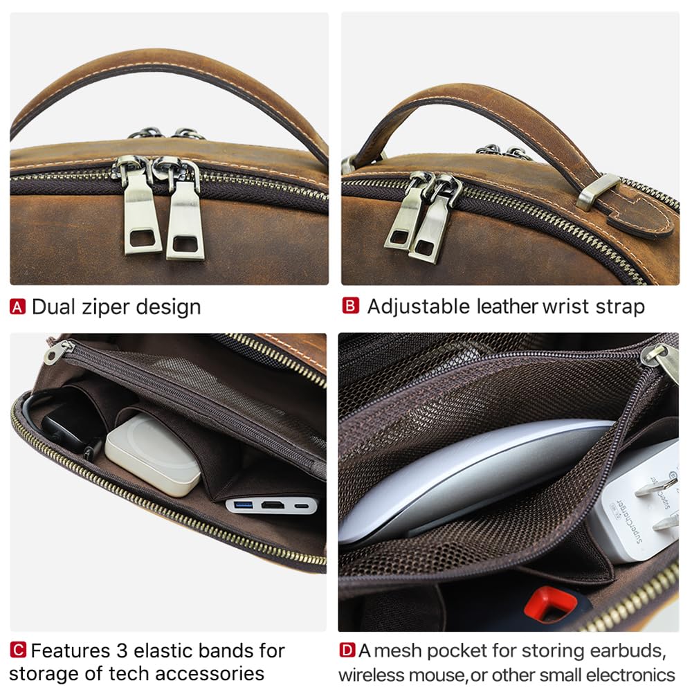 CONTACTS Full Grain Leather Tech Organizer Travel Case for Electronics Accessories Portable Cable Organizer Pouch with Handle, Storage Bag for Charger, Cables, Power Bank, Mouse
