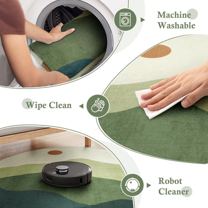 Sungea 6ft Round Rugs for Living Room,Soft Washable Non-Slip Large Circle Rug,Chic Mountain Low-Pile Circular Bedroom Rug Indoor Round Carpets for Kidsroom/Nursery/Office(Green)