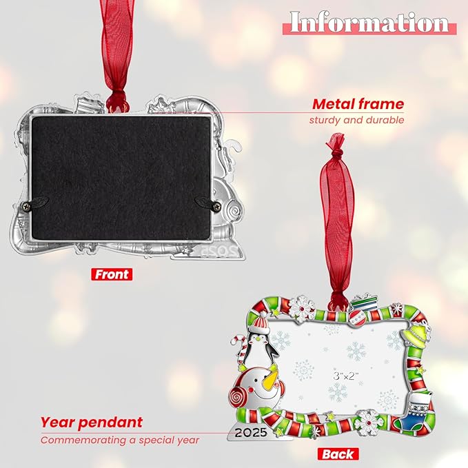 2025 Christmas Tree Ornament Picture Frame Ornament Made of Zinc Alloy Glitter Powder Pendant 3x2 Picture Frame for Pet, Baby Holiday Keepsake Gift (Snowman Snowflake, Silvery)