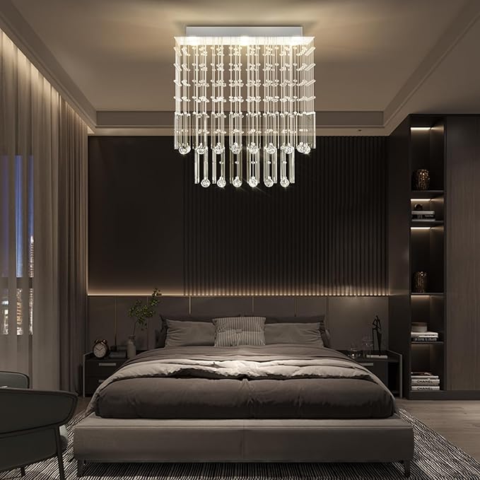 D24''XH28'' Rectangular Crystal Chandelier SilverRectangle Pendant Ceiling Light Fixture Raindrop Chandelier for Dining Room Living Room Kitchen Island Bar